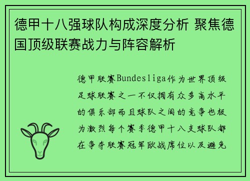 德甲十八强球队构成深度分析 聚焦德国顶级联赛战力与阵容解析