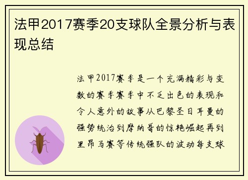法甲2017赛季20支球队全景分析与表现总结