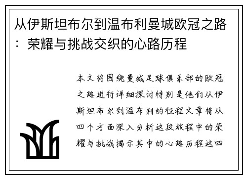 从伊斯坦布尔到温布利曼城欧冠之路：荣耀与挑战交织的心路历程